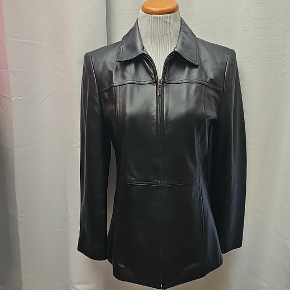 Valerie Stevens Petite Women's Black Leather Zip-Up Jacket Sz PM - Picture 1 of 9